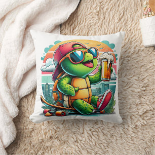 Cool turtle relaxing with a drink on the boardwalk cushion