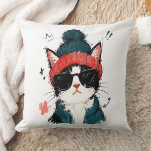 Cool Tuxedo Cat with Beanie & Sunglasses Cushion