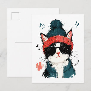 Cool Tuxedo Cat with Beanie & Sunglasses Postcard