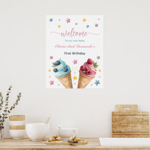 Cool Twins Ice Cream Birthday Party Welcome Poster