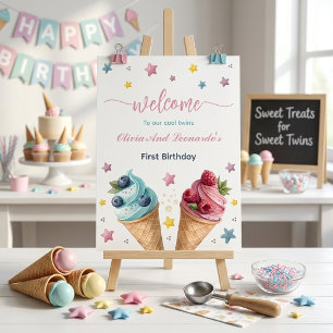 Cool Twins Ice Cream Birthday Party Welcome Poster