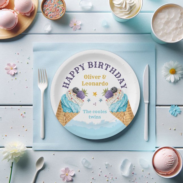 Cool Twins Ice Cream Boys Birthday Paper Plate (Creator Uploaded)