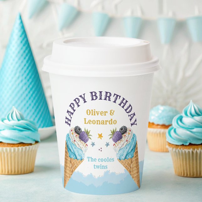 Cool Twins Ice Cream Boys Birthday Paper Plate Paper Cups (Creator Uploaded)