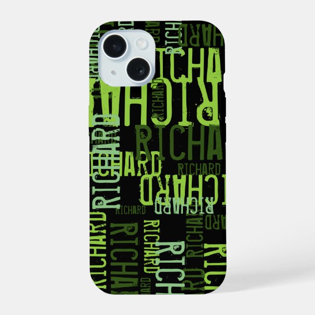 cool typography lime green name on black iPhone 15 case (Back)