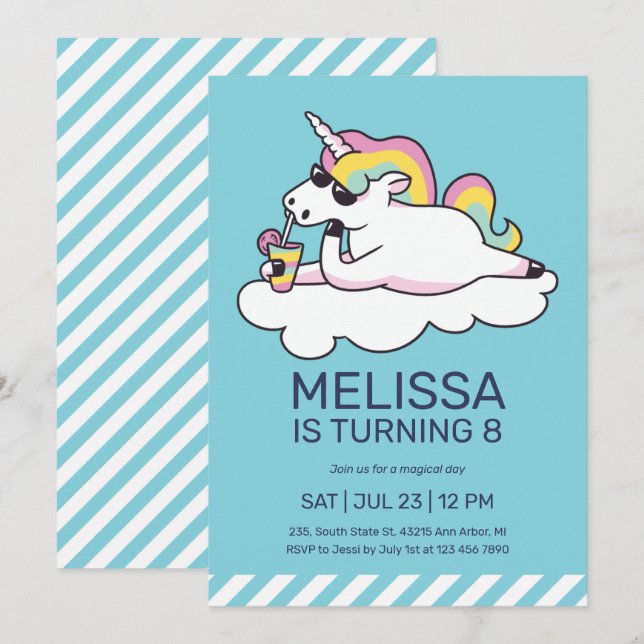 Cool Unicorn Summer Sunglasses Girl Birthday Invitation (Front/Back)