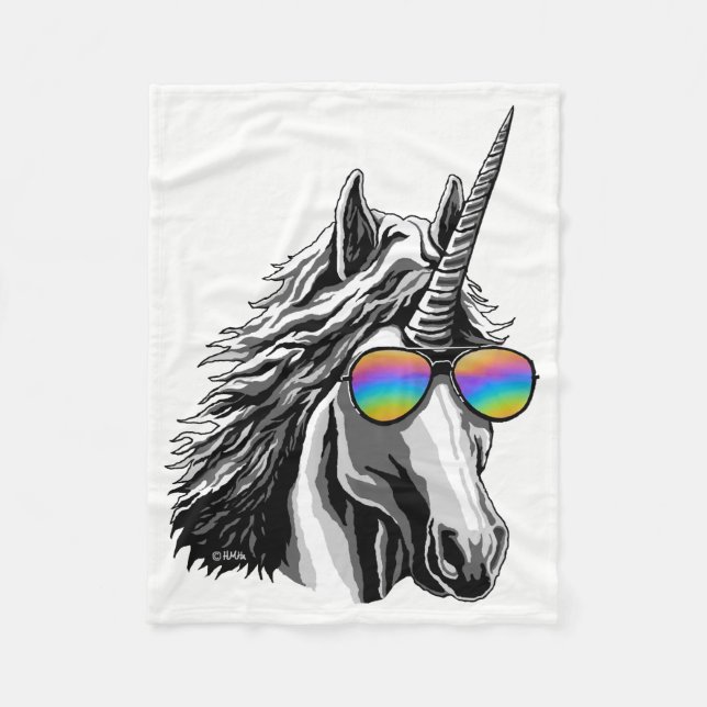 Cool unicorn with rainbow sunglass fleece blanket (Front)