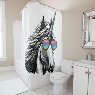 Cool unicorn with rainbow sunglass shower curtain