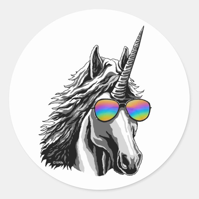 Cool unicorn with rainbow sunglasses classic round sticker (Front)