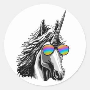 Cool unicorn with rainbow sunglasses classic round sticker