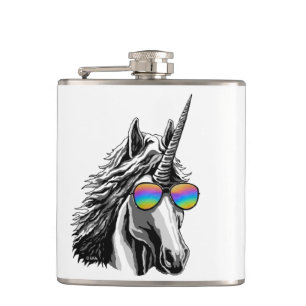 Cool unicorn with rainbow sunglasses hip flask