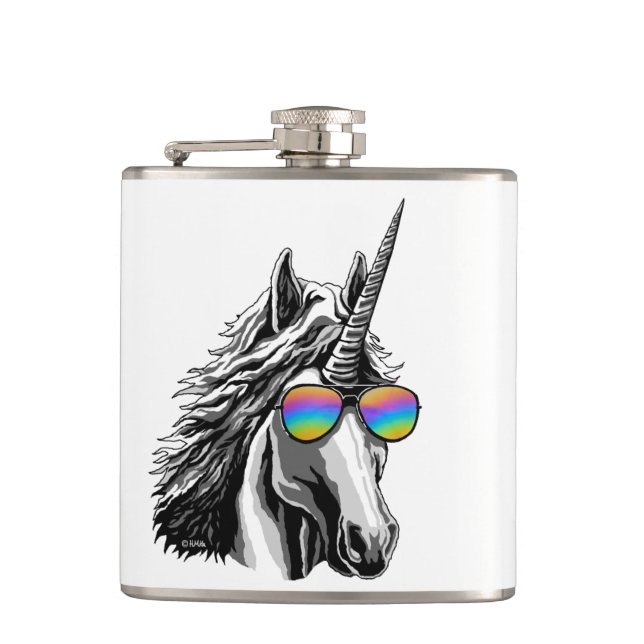 Cool unicorn with rainbow sunglasses hip flask (Front)
