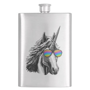 Cool unicorn with rainbow sunglasses hip flask