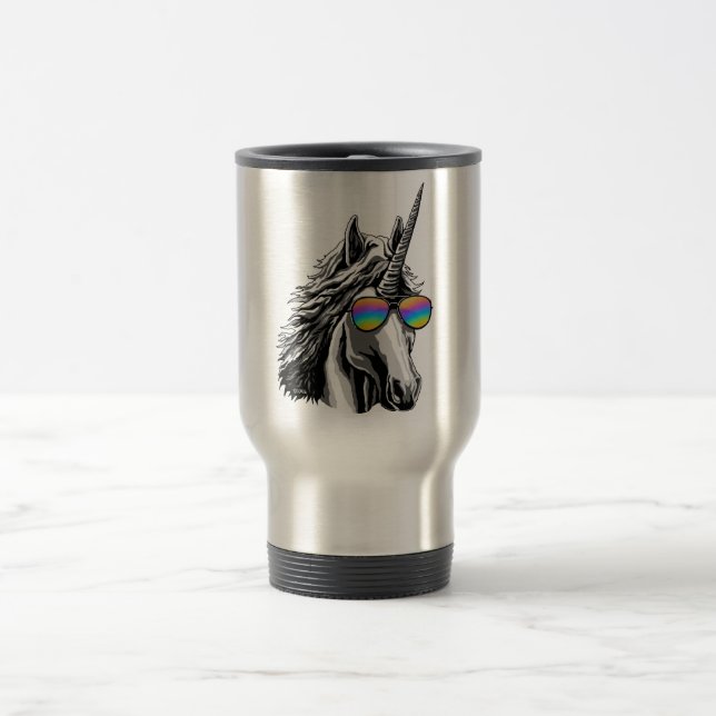Cool unicorn with rainbow sunglasses travel mug (Center)