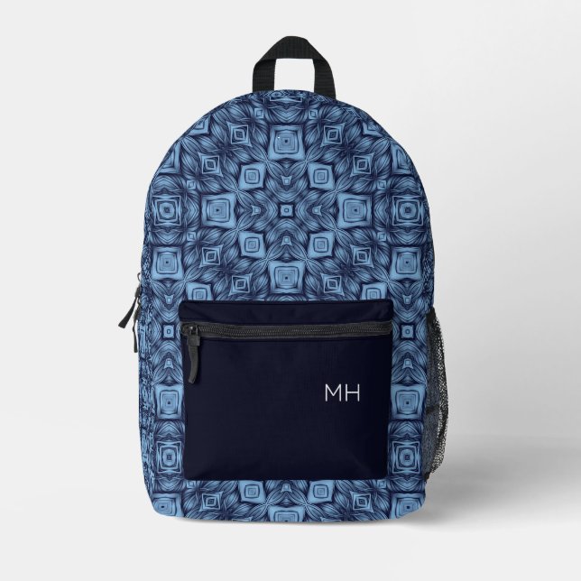 Cool Unique Blue Mandala Pattern Monogram Initials Printed Backpack (Front)