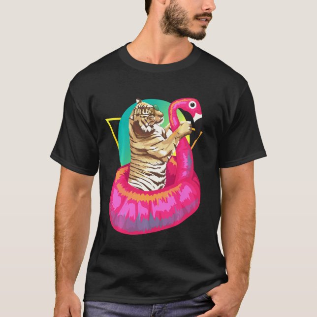Cool Unique Tiger Chilling In Floating Flamingo T-Shirt (Front)