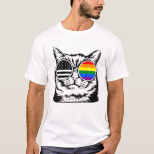 Cool USA Cat With Sunglasses, Rainbow Gay Pride Fl T-Shirt