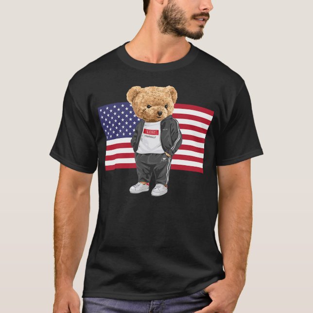 Cool USA Teddy Bear Illustration Novelty Graphic D T-Shirt (Front)