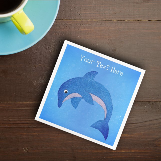 Cool Vibrant blue White Sparkle Dolphin Jumping Napkin (Jumping sparkle dolphin in vibrant shades of blue with white stomach on blue party paper napkins.)