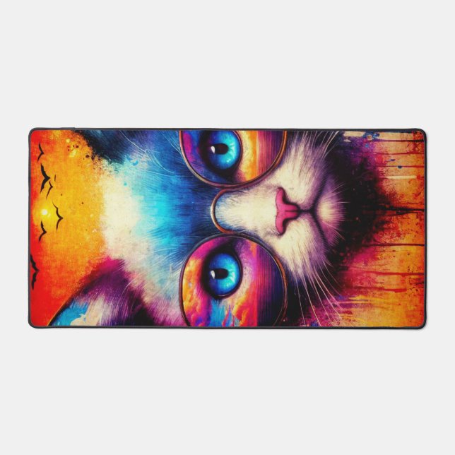 Cool Vibrant Illustrated Cat Desk Mat (Front)