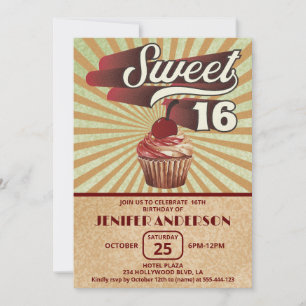 Cool vintage cupcake typography sweet 16 invitation