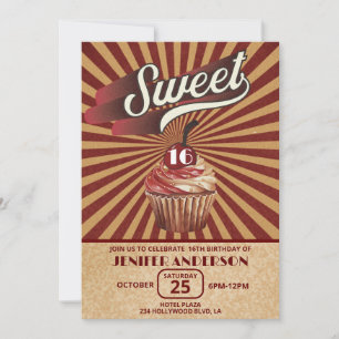 Cool vintage cupcake typography sweet 16 invitation