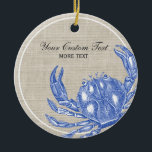 Cool Vintage Nautical Blue Crab Custom Beach Ceramic Tree Decoration<br><div class="desc">Celebrate the summer, ocean and beach with this nautical vintage blue crab design. A rustic blue crab engraved illustration is set against a tan linen-looking background. Add your custom text - monogram, family name, beach house name, year established, etc - or if you prefer, just delete the text . A...</div>