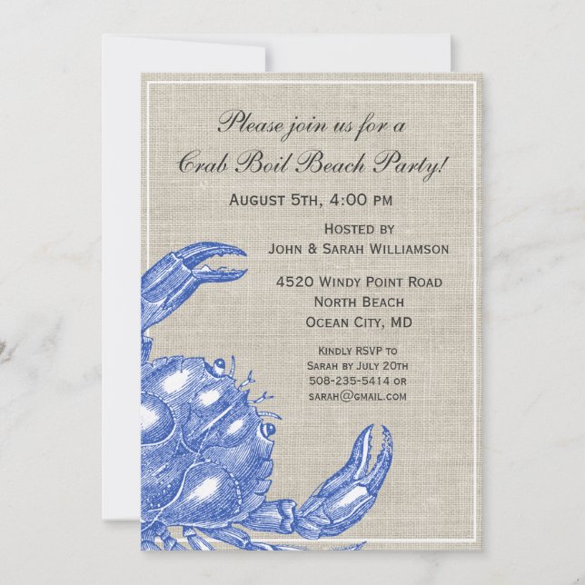 Cool Vintage Nautical Blue Crab Custom Beach Invitation (Front)