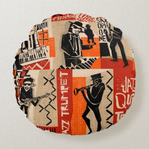 cool vintage of jazz band poster with trumpet play round cushion