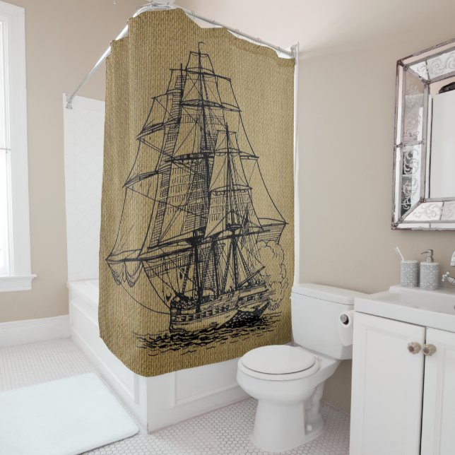 Cool Vintage Ship on faux burlap Shower Curtain (In Situ)