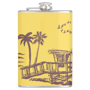 Cool Vintage Yellow Tropical Beach Sketch Hip Flask