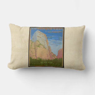cool vintage Zion Park  travel poster on tan Lumbar Cushion
