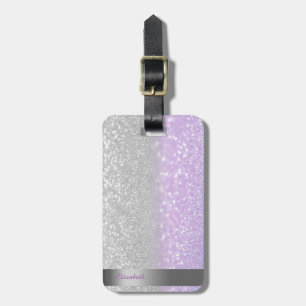 Cool Violet Silver Glitter Bokeh Ombre Stripe Luggage Tag