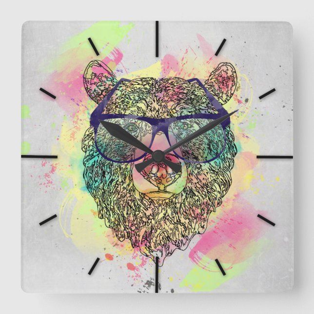 Cool watercolor bear with glasses design square wall clock (Front)
