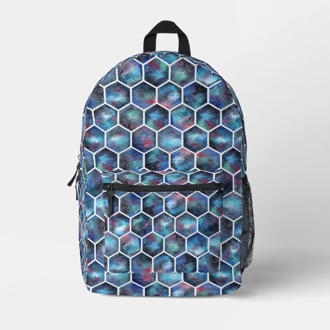 Cool watercolor galaxy honeycomb pattern printed backpack (Front)