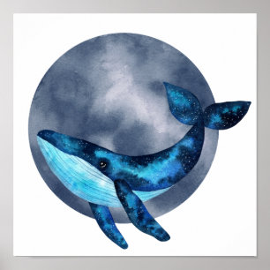 Cool watercolor galaxy whale with blue bubble poster