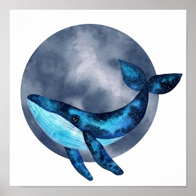 Cool watercolor galaxy whale with blue bubble poster (Front)