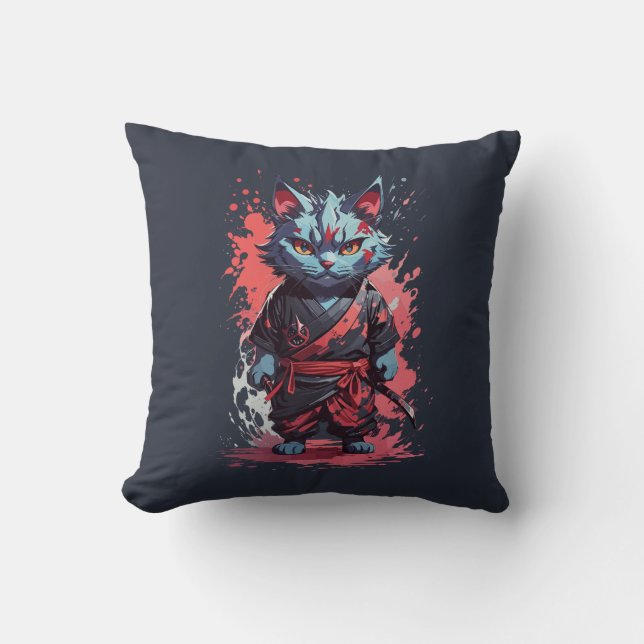 Cool Watercolor Grey Ninja Cat Warrior Cushion (Front)