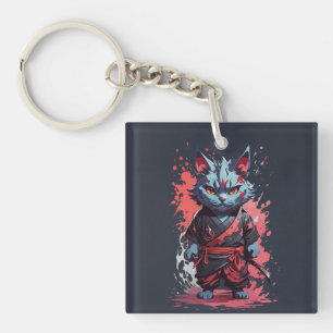 Cool Watercolor Grey Ninja Cat Warrior Key Ring