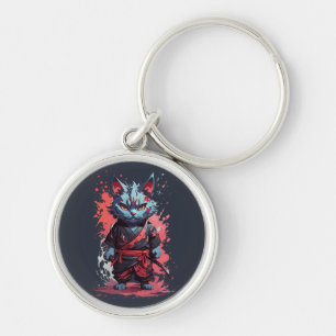 Cool Watercolor Grey Ninja Cat Warrior Key Ring