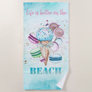 Cool Watercolor Ice cream Macaroons Beach Towel