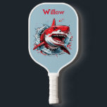 Cool Watercolor Shark Head Modern Monogram  Pickleball Paddle<br><div class="desc">Cool Watercolor Shark Head Modern Monogram Pickleball Paddle This cool pickleball paddle design features a watercolor shark head on a light steel blue background, with your name or monogram in bold red text for a look that is simple and stylish, yet trendy. It makes the perfect gift for Christmas, birthday,...</div>