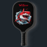 Cool Watercolor Shark Head Modern Monogram  Pickleball Paddle<br><div class="desc">Cool Watercolor Shark Head Modern Monogram Pickleball Paddle This cool pickleball paddle design features a watercolor shark head on a black background, with your name or monogram in bold red text for a look that is simple and stylish, yet trendy. It makes the perfect gift for Christmas, birthday, graduation, and...</div>