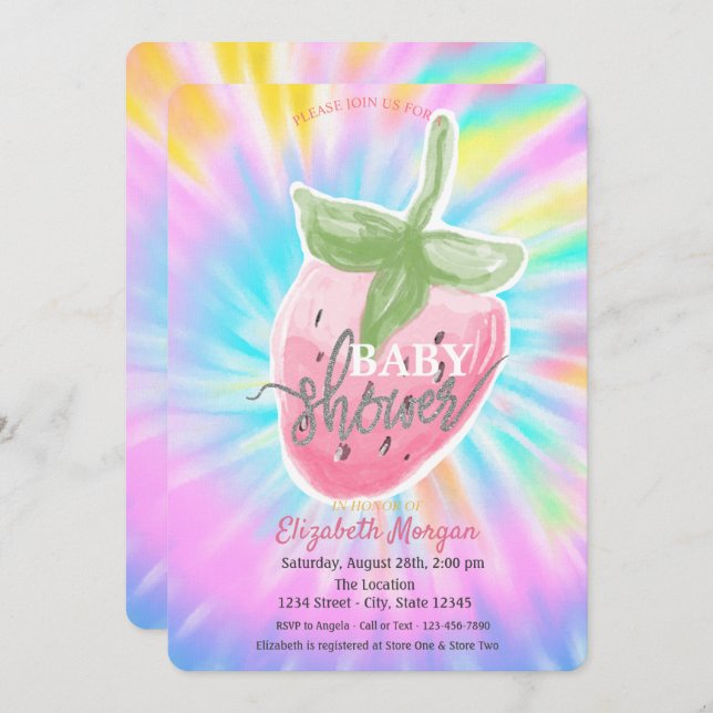 Cool Watercolor Strawberry Tie Dye Baby Shower  Invitation (Front/Back)