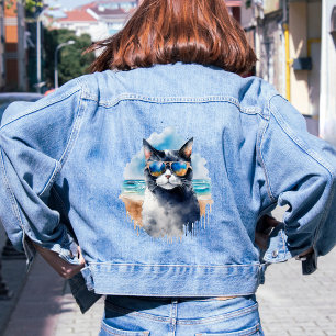 Cool Watercolor Summer Cat Denim Jacket