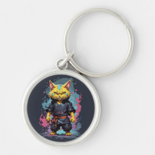Cool Watercolor Yellow Ninja Cat Warrior Key Ring