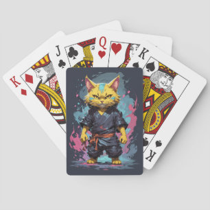 Cool Watercolor Yellow Ninja Cat Warrior Playing Cards