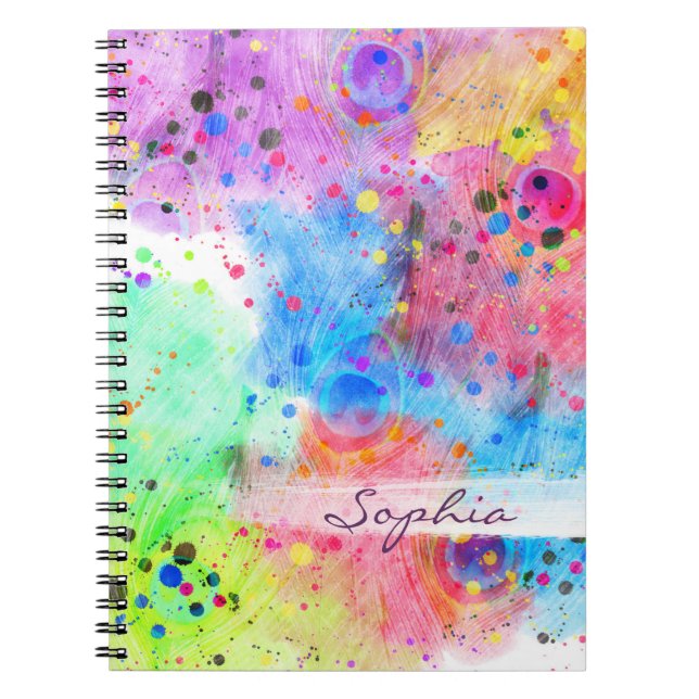 Cool watercolors peacock feathers abstract pattern spiral notebook (Front)