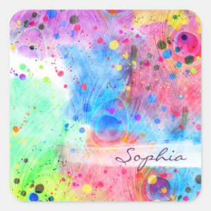 Cool watercolors peacock feathers abstract pattern square sticker