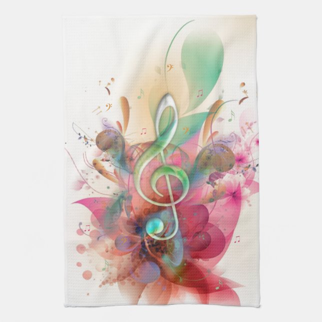 Cool watercolours treble clef music notes swirls tea towel (Vertical)