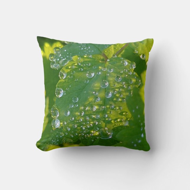 Cool Waterdrops On Green Leaf Cushion (Front)
